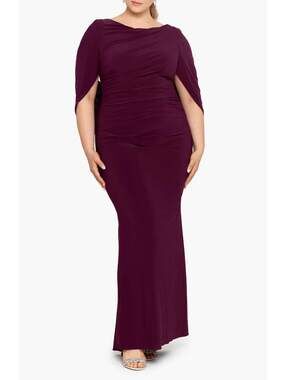Betsy & Adam NWT Plum Wine Cape Sleeve Jersey Gown Size 14W Formal Evening GALA